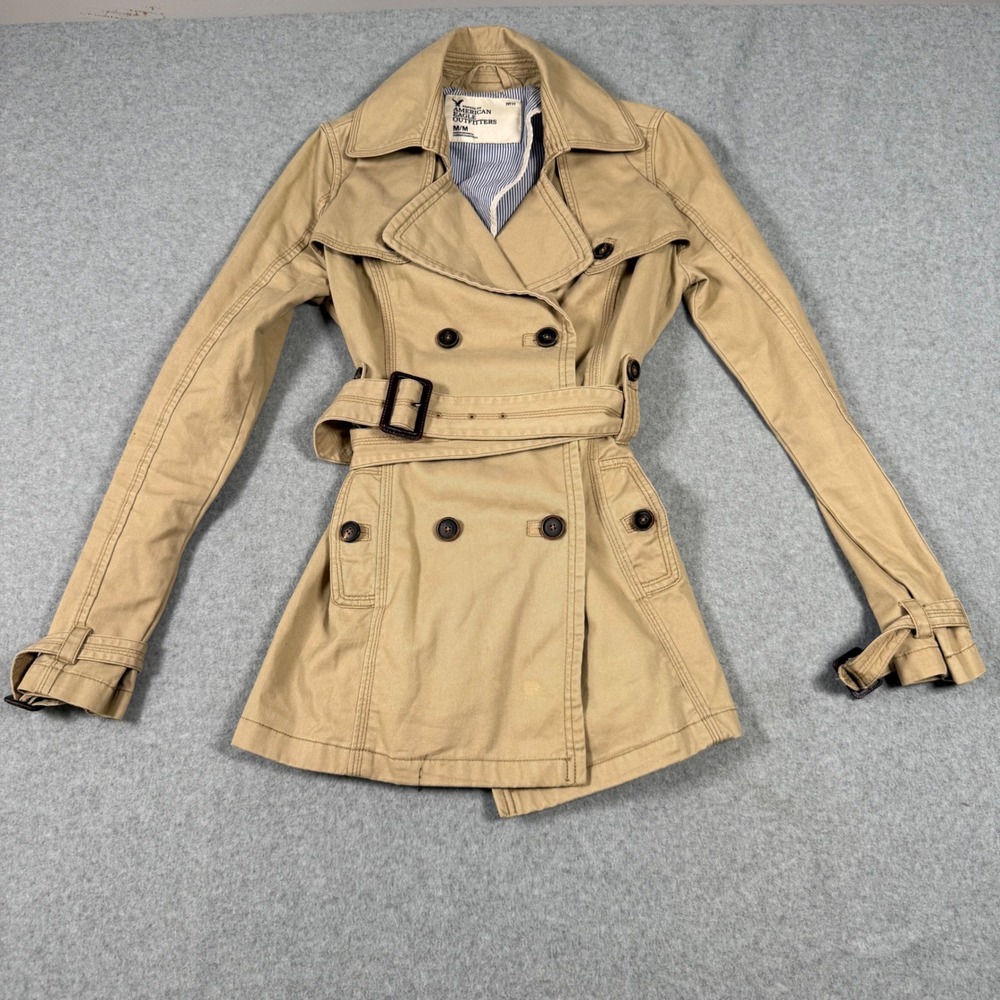 American Eagle Khaki Tan Double Breasted Trench Coat Belted Pinstripe Lining M